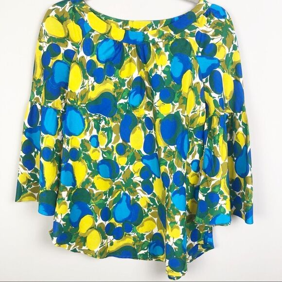 REBECCA TAYLOR | 100% Silk Bell Sleeve Lemon Fruit Print Blouse Women’s Size 8 - Picture 1 of 8